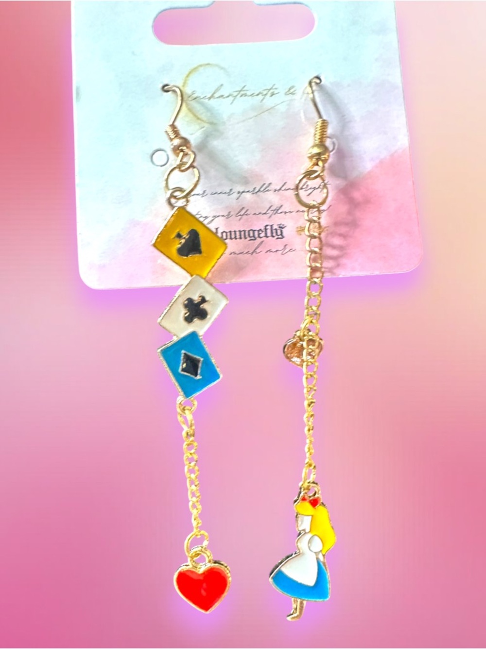 Whimsical Alice-Inspired Asymmetric Enamel Drop Earrings - Red, Yellow, Blue